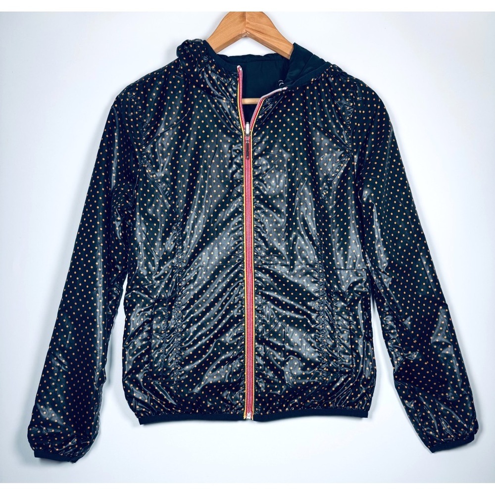 Maison Blue Denise Reversible Rain‎ Jacket Small Black Yellow Polka Dot Hooded